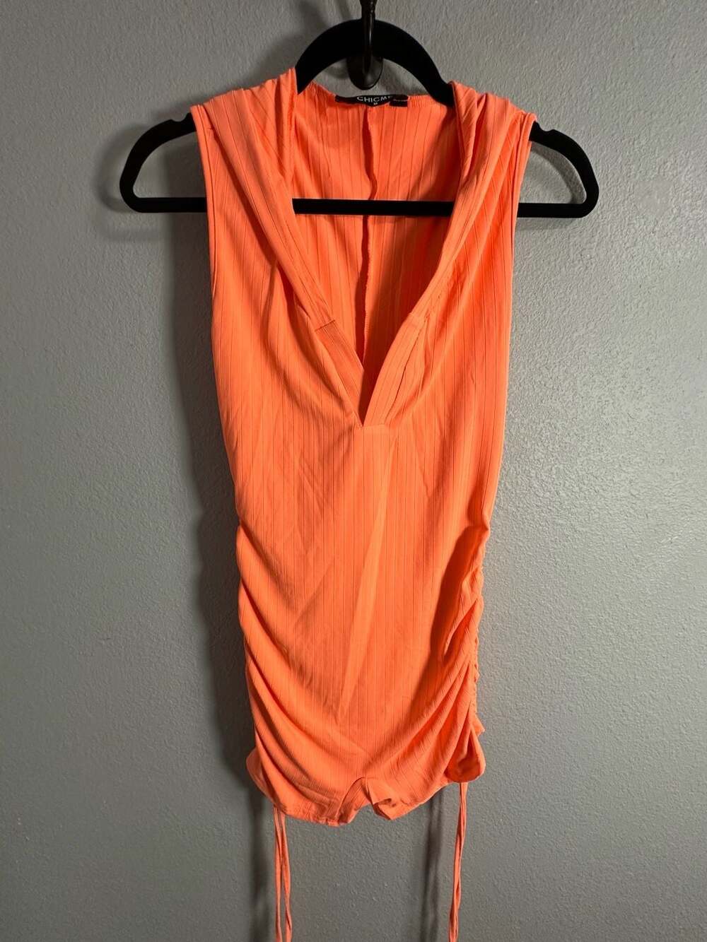 CHICME Women's Neon Orange Sleeveless Hooded Romper with Ruched Side Drawstring